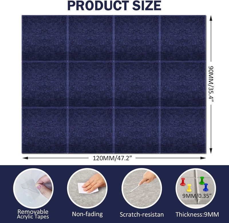 ZHIDIAN Felt Wall Tiles Bulletin Board with Removable Adhesive, 47"x35" Dark Blue Cork Board Alternative with 40 Push Pins, 12 Pack Large Office Cork Tile Push Board Felt Squares for Walls - Image 5